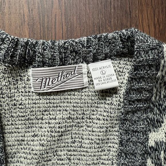 Vintage Cardigan Cozy Jacquard Knit Sweater Gray White Size Large Cabincore - Picture 5 of 6